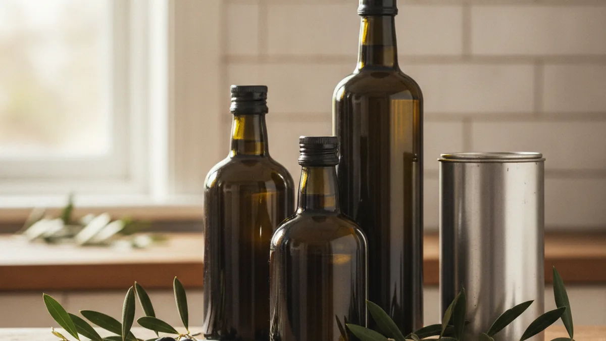 Australian extra virgin olive oil bottles and a tin on a kitchen bench