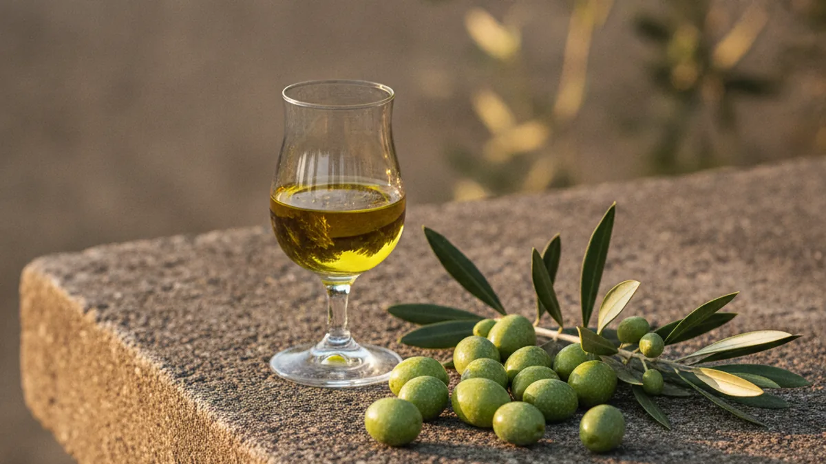 A glass of green-gold Frantoio extra virgin olive oil beside fresh olives