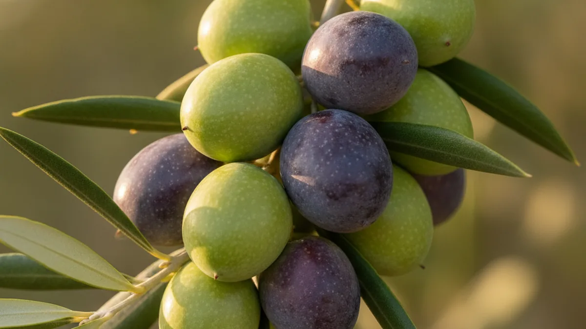 Ripening olives on the branch during the Australian autumn harvest