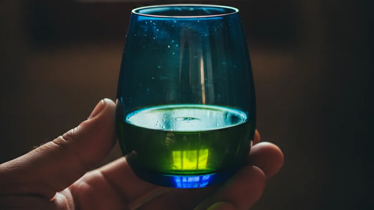 Blue tasting glass of green extra virgin olive oil held to the light