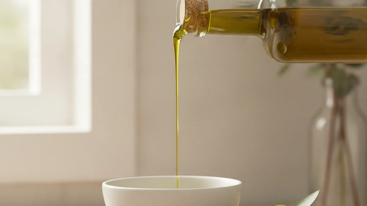 Green-gold extra virgin olive oil poured from a bottle into a bowl
